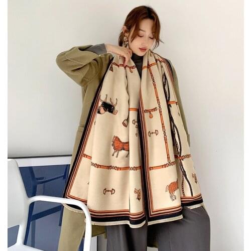 Luxury Brand Horse Carriage Chain Scarf For Women Winter Warm Cashmere Pashmina Scarf Shawls Female Thick Blanket Wraps Foulard