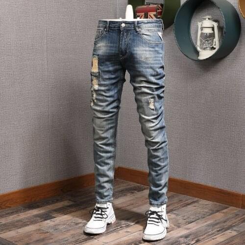 European Vintage Fashion Men Jeans Retro Blue Elastic Slim Fit Ripped Jeans Men Distressed Designer Casual Destroyed Denim Pants