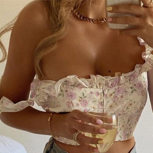 Floral Print Ruffles Crop Top Women Summer 2020 Sleeveless Button Up Tops Sexy Backless Bustier Tank Top Cute Female Clothes