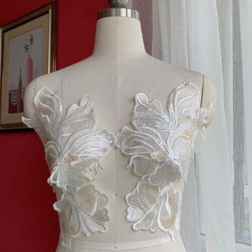 1Piece Embroidery Lace Patch Appliques Champagne Ivory Beaded Sequins Wedding Dress Decoration DIY Clothing Accessories