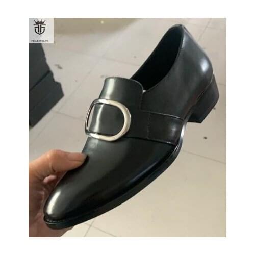 Genuine Leather FR.LANCELOT Newest Big Buckle Black Men Flats office shoes Man Shallow dress shoes