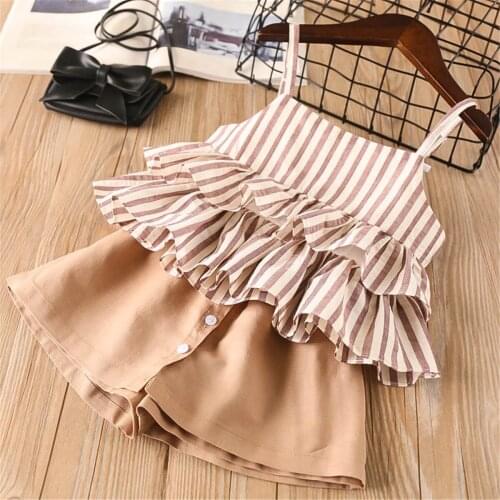 2021 New Baby Girls Kids Clothes Sets Summer Girls Striped Ruffles Sleeveelss Cami Dress Tops and Wide Leg Shorts Casual Outfits