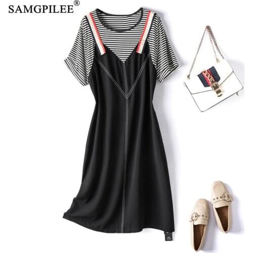 Summer 2021 New Fashion Ladies Fake Two-piece Dress Striped Stitching Short-sleeved Knee Length Female Dresses Plus Size 4XL