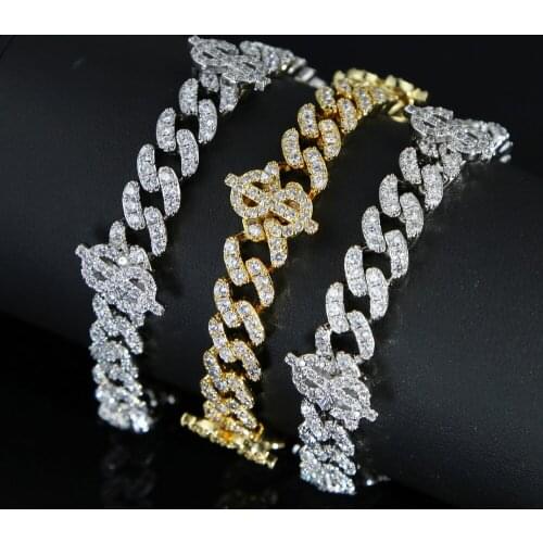 New 10MM CZ Cuba Chain Dollar Bracelets For Women Jewelry Gold Silver Color Hip Hop Bling Dollar Sign Charm Bracelet