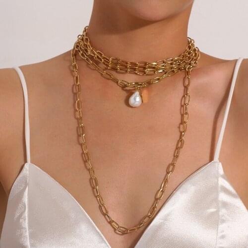 Punk Exaggerated Pearl Pendant Multilayer Thick Chains Necklaces Women Vintage Alloy Geometric Sweater Chain Necklace Jewelry
