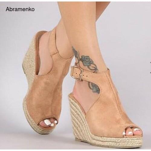 Gladiator Sandals Woven Wedges Ankle Straps Open Peep Toe Hemp High Heel Platform Solid Summer Suede Sandals Women Size 35-43