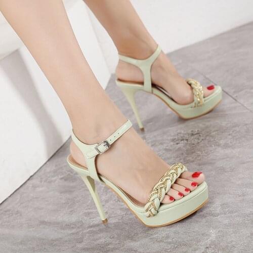 Newly Fashion Women Weave Chain Sandals Round Head High Heels Buckle Strap Gladiator Shoes Back Strap Sandal Zapatos Mujer