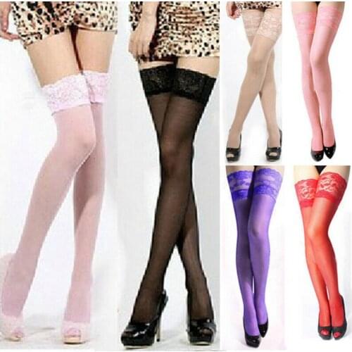 Sexy Women Ladies Lace Patchwork See-through Transparent Ultra-thin Sheer Solid Stockings Hold Ups Thigh High Stockings