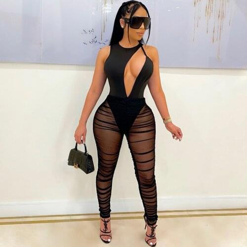 Sexy Hollow Out Mesh Sheer Bodycon Jumpsuit for Women Sleeveless Skinny Rompers One Piece Jumpsuit Party Club Birthday Outfits
