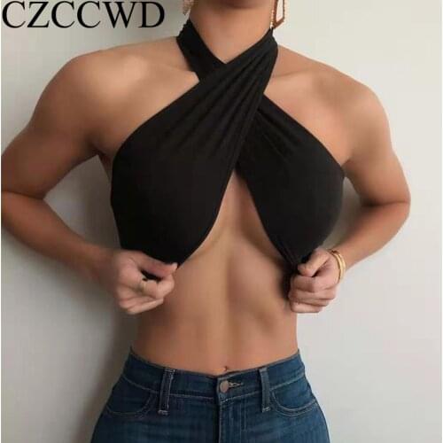 Sexy Womens Top Hollow Out Bandage Solid Vest Cross Tied Hanging-Neck Sleeveless Summer Y2k Backless Crop Tops Skinny Clubwear
