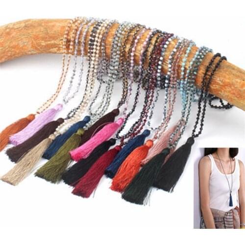 Bohemian Style Simple Women Wedding Crystal Buddha Head Pendant Glass Flat Beads Tassel Necklace