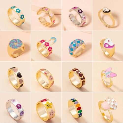 SOHOT Hip Hop Vintage Alloy Copper Butterfly Pin Mushroom Flowers Tai Chi Leopard Heart Open Rings Unisex Jewelry Drop Shipping