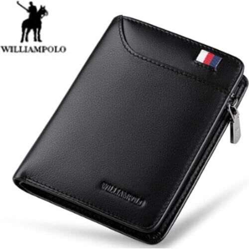 Williampolo Genuine Leather Men Wallet with Card Holder Man Luxury Short Wallet Purse Zipper Wallets Casual Standard Wallets
