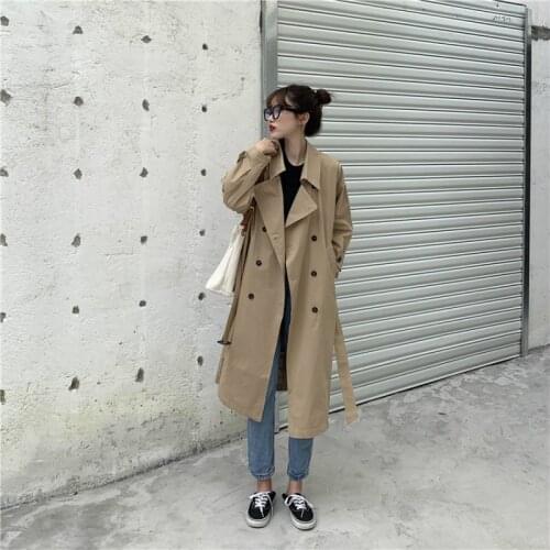 TRAF Brand New Korean Fashion 2021 Autumn Casual Double Breasted Long Trench Coat With Belt Female Windbreaker Khaki Black