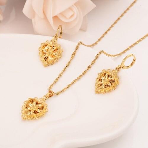 Gold love heart family set Jewelry Pendant Chain Earrings African Dubai Bride Wedding women girls Bijoux mother gift