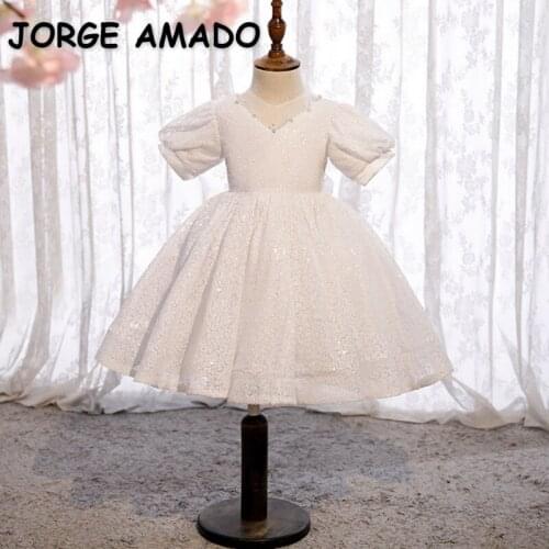 2021 New Summer Teenagers Girl Party Dresses White Sequined V-neck Princess Dress Wedding Piano Perform Formal Clothes E0142