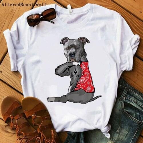 2021 Pit Bull Mom Tshirt Women Summer Harajuku I Love Mom Bandana Print White T-shirt Funny Short Sleeve dog T Shirt Clothes