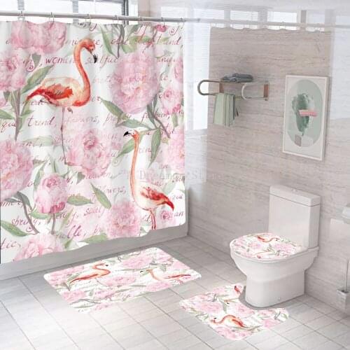 Pink Flamingo Shower Curtains Sets Pink Animals Pedestal Rug Lid Toilet Cover Bath Mat Home Colorful Custom Bathroom 4pcs Set