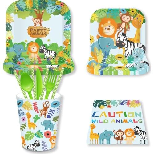 CYUAN 44pcs/set Jungle Animal Disposable Party Tableware Paper Cup Tissue Kids Birthday Baby Shower Forest Theme Decor Supplies