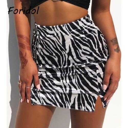 Foridol Zebra Print Velvet Side Slit Bodycon Mini Skirts Women Sexy High Waist Butterfly Animal Print Short Skirts Bottoms 2021