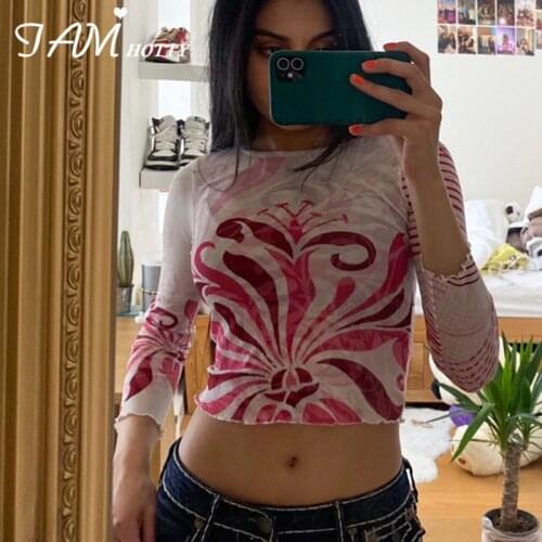 Harajuku Print T Shirt Women Vintage Long Sleeve Tops Casual O-neck Pullovers Aesthetic Skinny Clothes Autumn Spring Iamhotty