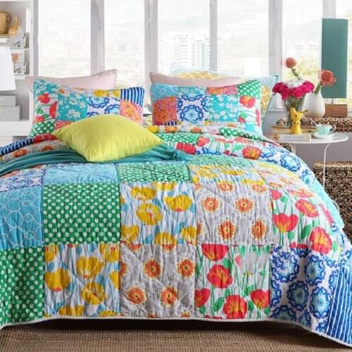 Cotton Handmade Patchwork Quilt Set 3PCS Vintage Bedspread Quilted Bedding Quilts Bed Covers King Size American Style Coverlets