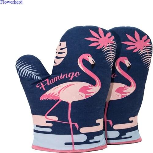 Innovative Kitchen Gloves Flamingo Pattern Polyester Heat Resistant Gloves Non Stick Anti-slip Pot Bowel Holder Clip Oven Mitts