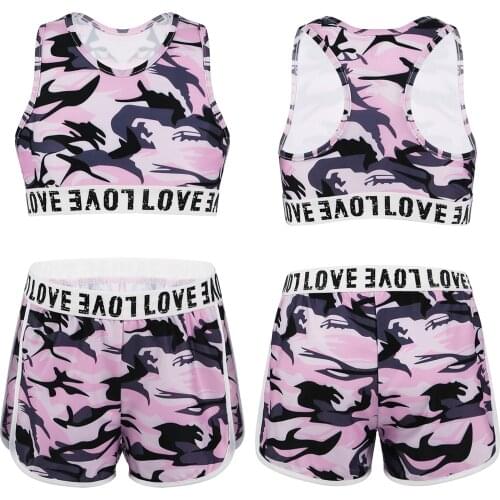 Kids Girls Athletic Outfit Letter Printed Sleeveless Racer Back Tanks Crop Top with Bottoms Set for Children Summer Gym Workout
