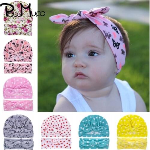 Powmuco Fashion Printed Bunny Ears Hat and Headband Set Stars Pattern Baby Girl Caps Children Turban Infant Accessories 9 Colors