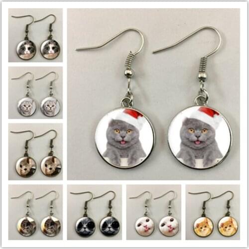 Fashion New Color Cat Earrings Beautiful Painting Animal Cat Jewelry Retro Glass Cabochon Womens Earrings