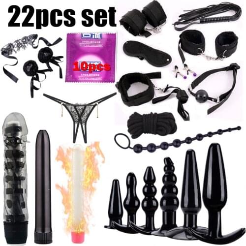 22pcs set Sex toys bdsm Sex Bondage Set Handcuffs Whip Rope Anal plug Vibrator Adult Products Couples Game Sex Toys for Women
