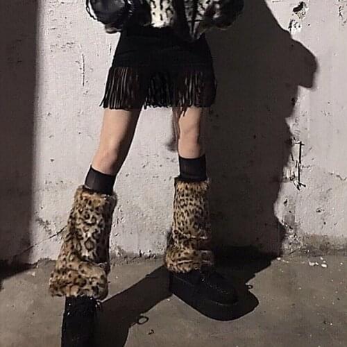 Ruibbit New Winter Japanese Knee Sleeve Leg Cover Warm Bloody Metal Chain Harajuku Punk Handmade Leopard Print Furry Leg Warmer