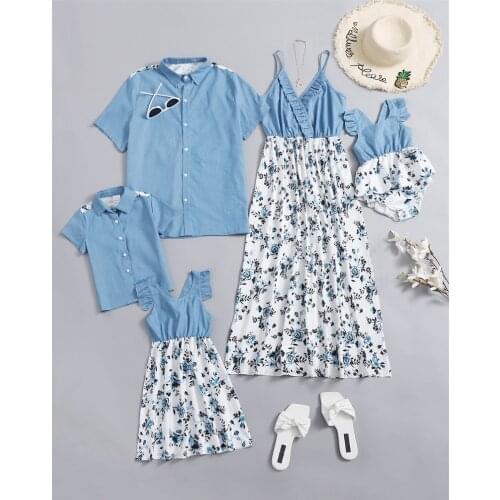 Family Matching Outfits Summer Mothers Girl Boys Baby Parent Child Wear Cowboy Short Sleeve Shirt Dress Parents Kid Home Clothes