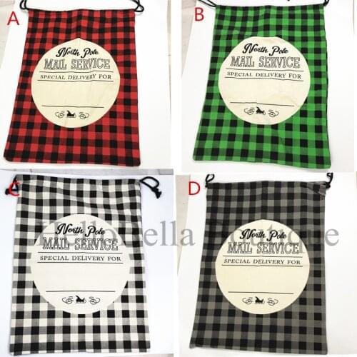 100PCS Buffalo Plaid Canvas Santa Sack North Pole Mail Service Monogram Christmas Gift Bags Personalize Kids Candy Gift Sack