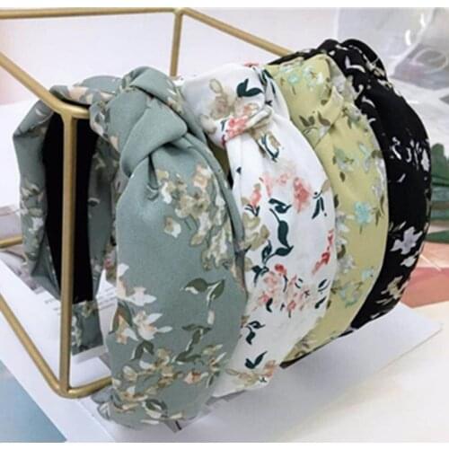 Summer Flower Print Headband for Women Bohomian Headwear Top Bow Knot Hair Hoop Traveling Headdress Wide Hairband Head Band