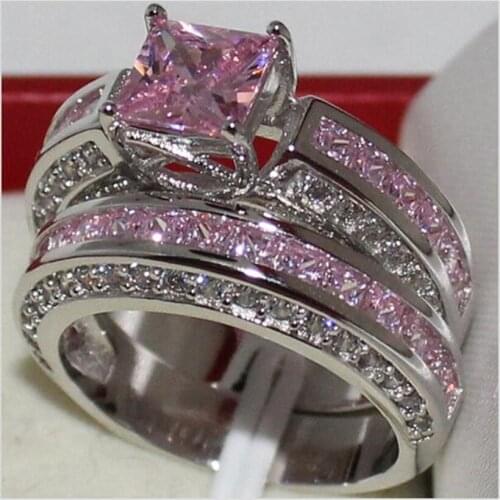 Luxury Square Princess-cut pink topaz Rings finger Set 2-in-1 Engagement Wedding Rings For Women 10KT White gold Jewelry