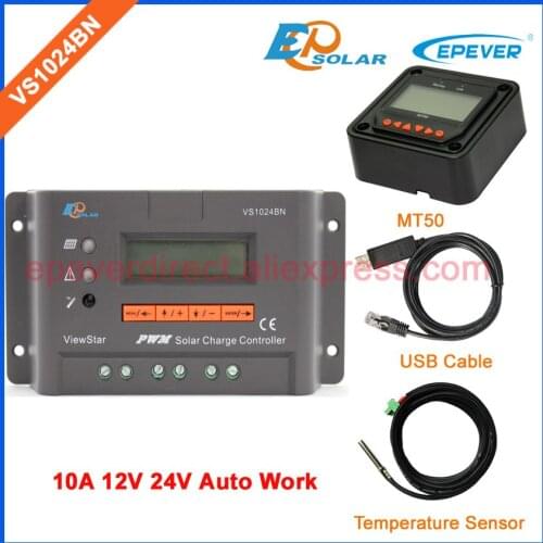 Solar PWM controller for 12v 24v system auto work VS1024BN 10A 10amp USB communication cable and temperature sensor meter MT50