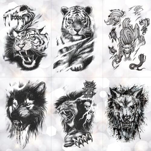 Tiger Skull Leopard dragon Waterproof Temporary Tattoo Sticker Wolf Animals Tattoos Body Art Arm Hand men Fake Tatoo