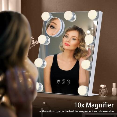 Tomshine USB Tabletop Mirror Light 9 Bulbs Touching Control Makeup Mirror Detachable 10x Magnifier Dimmable 3 Colors Dressing