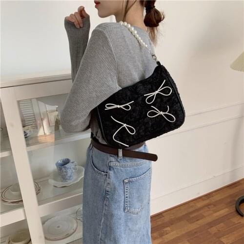 Vintage Bowknot Women Baguette Underarm Bag Pearl Chain Cool Girls Purse Handbags Black Pleated Ladies Shoulder Crossbody Bags