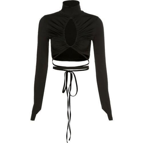Womens Slim Fit Ruched T-shirt High Neck Long Sleeve Top Cropped Spring Tops Black Summer Casual Fashion Sexy T-shirt Crop Tops