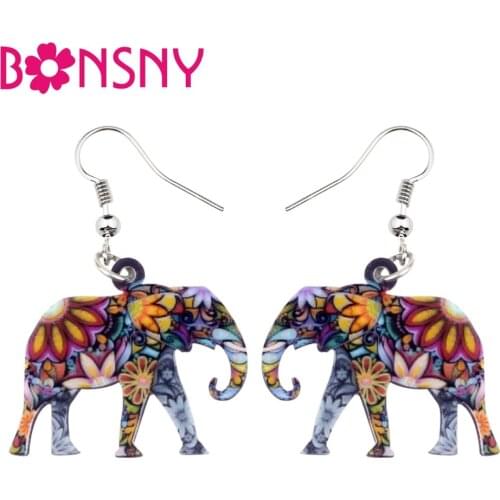 Bonsny Acrylic Floral Jungle Elephant Earrings Big Long Dangle Drop Fashion Wild Animal Jewelry For Women Girls Ladies Wholesale
