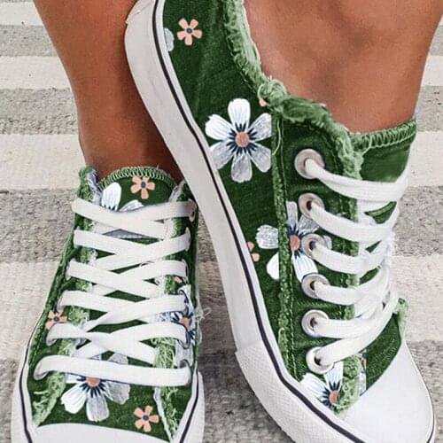 2021 Women Canvas Flower Classic Vulcanized Female Summer Fashion Lace-up Flat Ladies Casual Platform Comfort Shoes Big Size