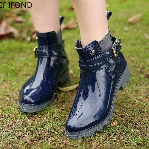 IF IFOND Rubber Rain Boots for Women Waterproof Low heel Fashion Girls Flats Ladies Cute PVC Non-Slip Elastic Band Ankle Boots