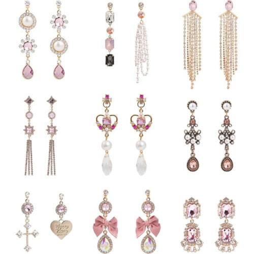 New Fashion Luxury Pink Shiny Rhinestone Long Bowknot Tassel Drop Earrings Korean Baroque Style Women Pendientes Jewelry