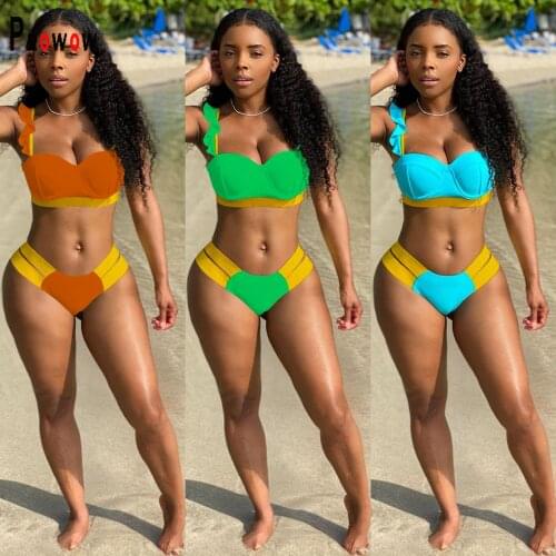 Prowow Ruffle Sweet Women Bikini Set Push Up Bra Hollow Out Panty Two Piece Bathing Suits 2021 New Summer Patchwork Swimsuit