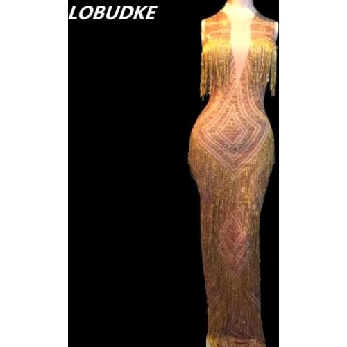Nightclub Women Singer Host Gold Rhinestones Fringes Dress Sleeveless Skinny Sexy Long Dress Birthday Celebration Stage Costume