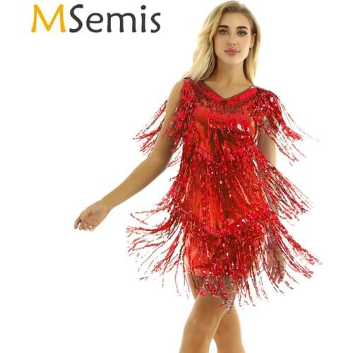 Modern Design Adult Women Girls Sequin Tassel Dress V-neck Latin Dance Costumes Stage Ballroom Competition Dancewear Clothing