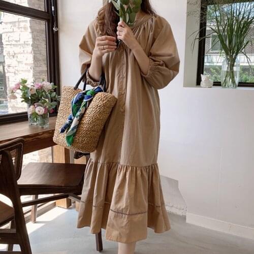Johnature Hollow Out Patchwork Korean Women Dresses 2021 Summer New Half Sleeve Loose Button O-neck Solid Color Dress