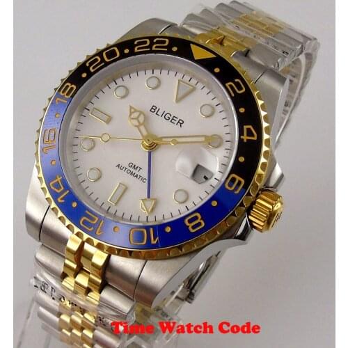 Golden Luxury BLIGER 40mm Mechanical blue GMT Mens Wristwatch White dial Date display sapphire glass Jubilee ceramic bezel